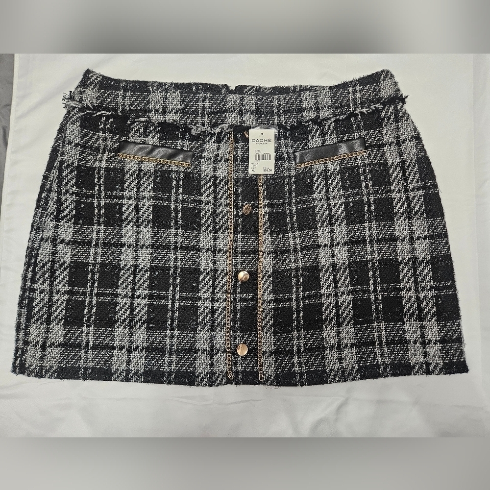 NWT! Cache Black And White Mini Skirt With Gold Accents!